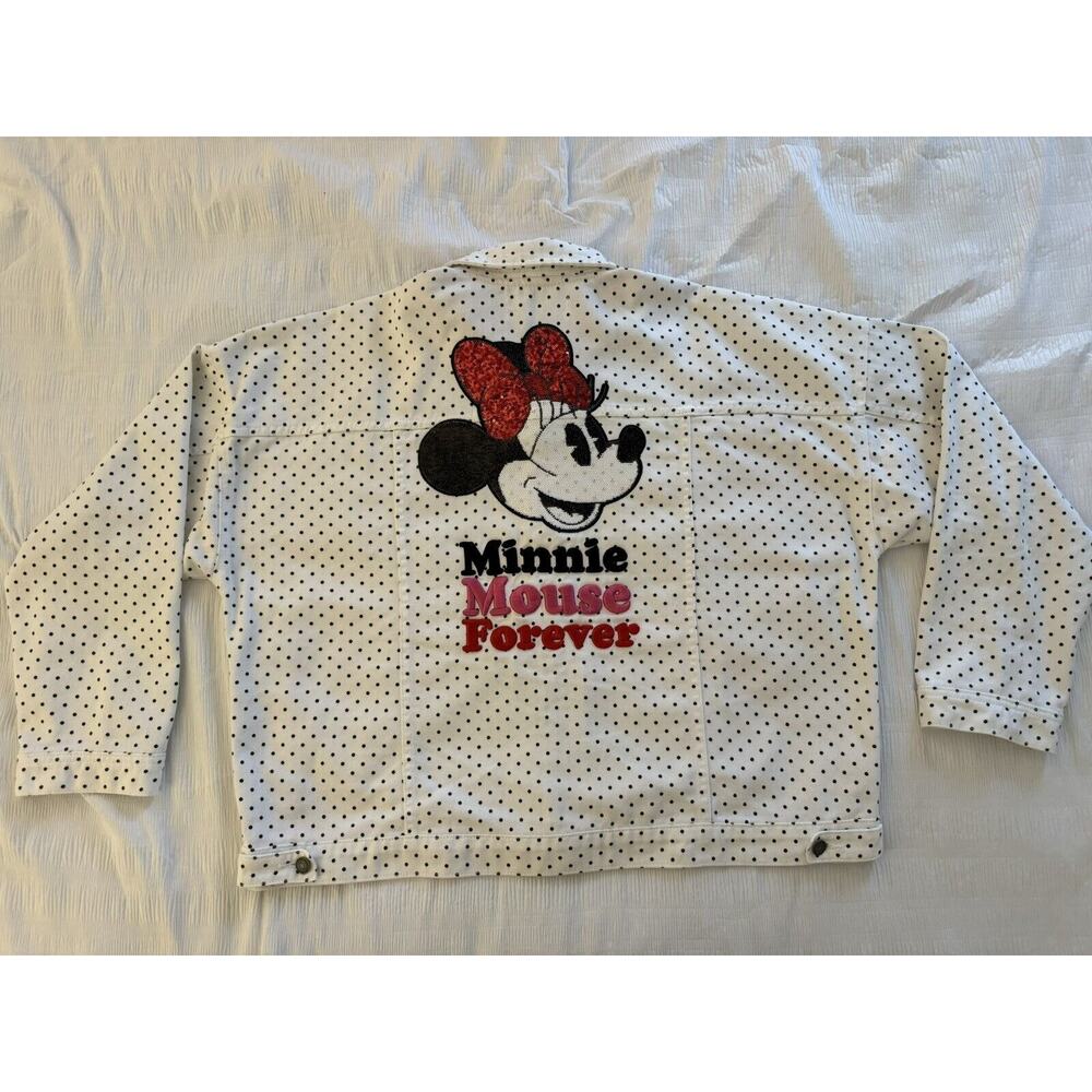 Disney Minnie Mouse Forever White Black Polka Dot Denim Sequin Jacket 1X
